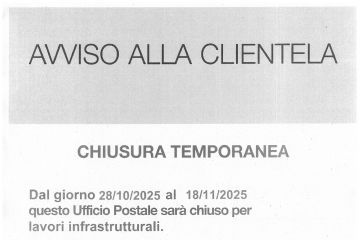 Chiusura temporanea Ufficio Postale di Cavaglio d&#39;Agogna (No)